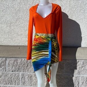 May Pink Blue and Yellow Asymmetrical Wrap Mini Long Sleeve Dress Size L